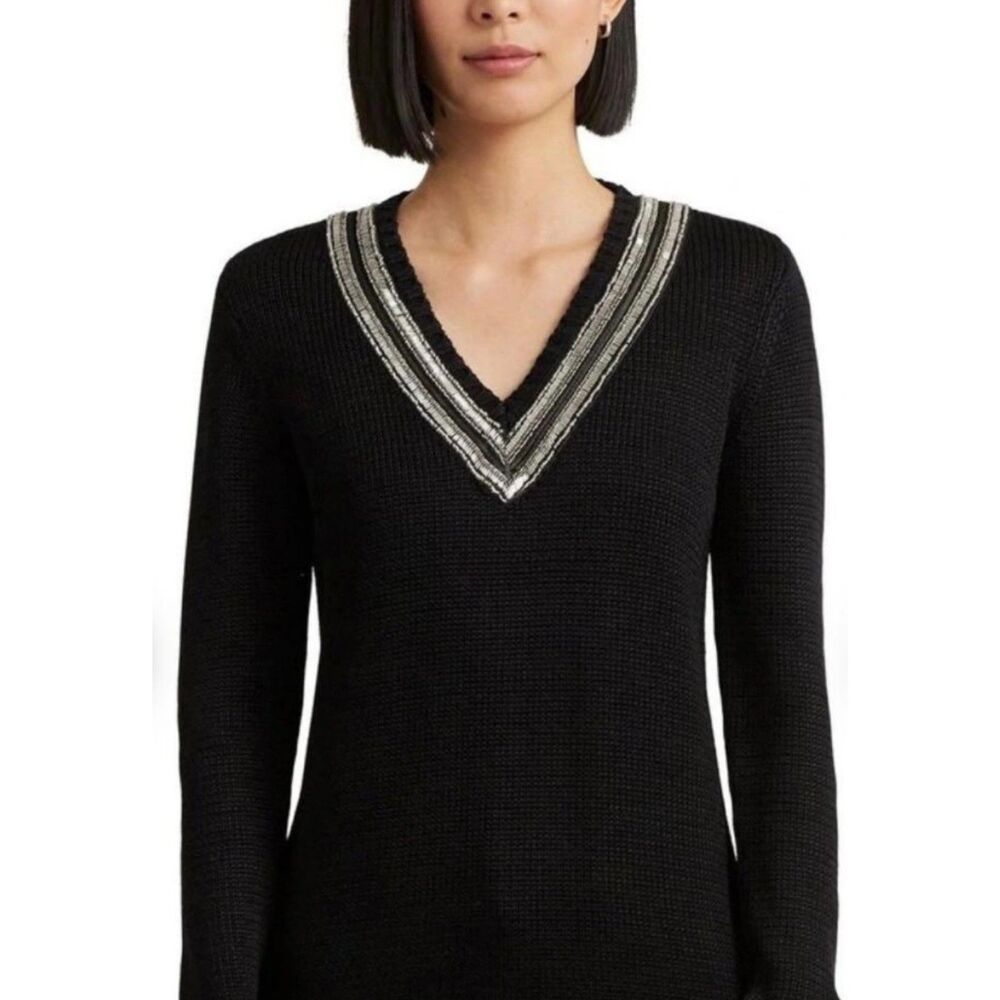 Ralph Lauren Black Label V Neck Metallic Beaded Sweater Sz XL Elegant Old Money